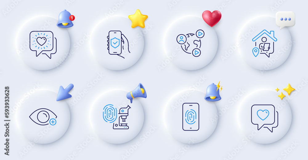 Fingerprint, Farsightedness and Security app line icons. Buttons with 3d bell, chat speech, cursor. Pack of Fingerprint research, Heart, Friends chat icon. Vector Fingerprint, Farsightedness and Security app line icons. Buttons with 3d bell, chat speech, cursor. Pack of Fingerprint research, Heart, Friends chat icon. Vector