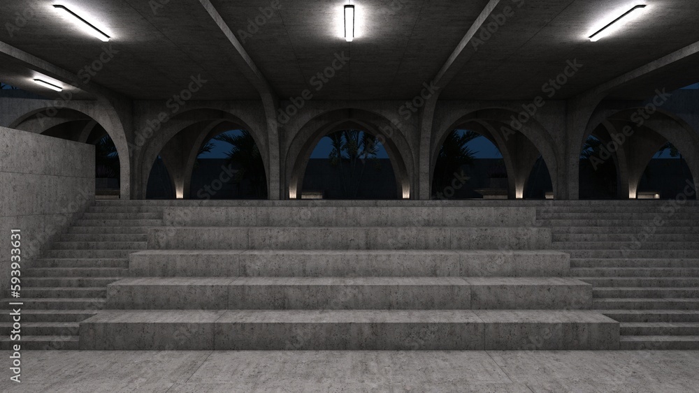 Photorealistic 3D illustration of concrete ladder in brutalist architecture style at night. Minimalistic construction. Severity. Glowing white lights.