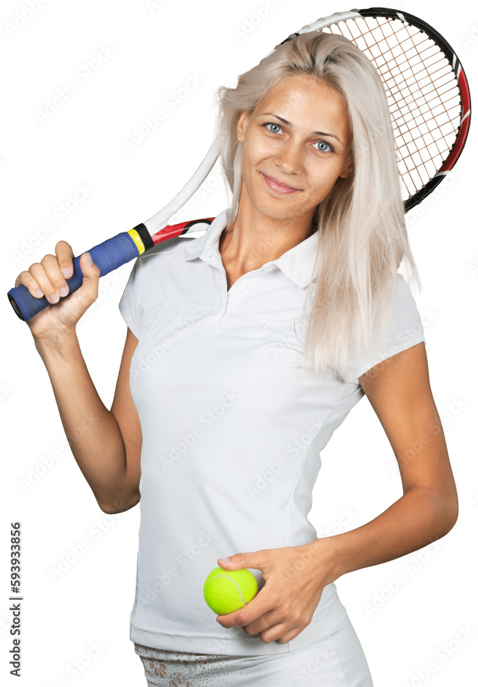 Φωτογραφία Young woman tennis player  carrying her racquet isolated on white
