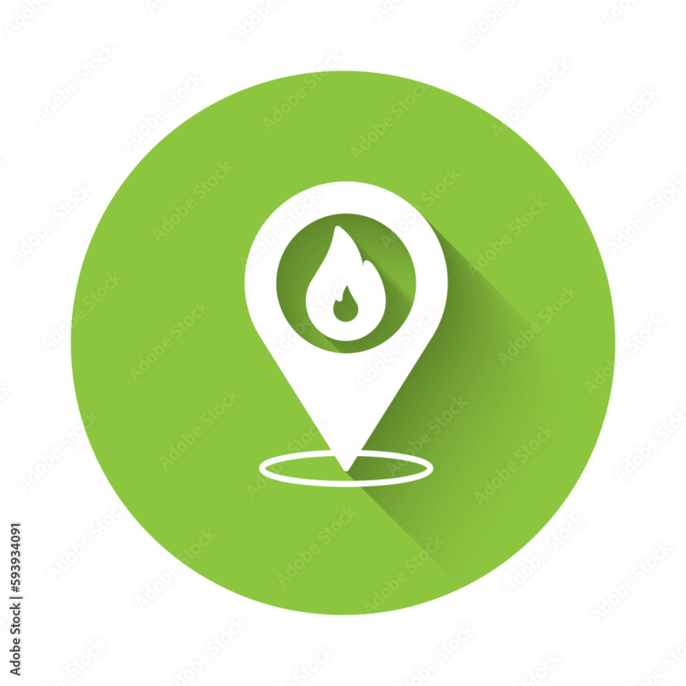 White Map pointer with fire flame icon isolated with long shadow background. Fire nearby. Green circle button. Vector White Map pointer with fire flame icon isolated with long shadow background. Fire nearby. Green circle button. Vector
