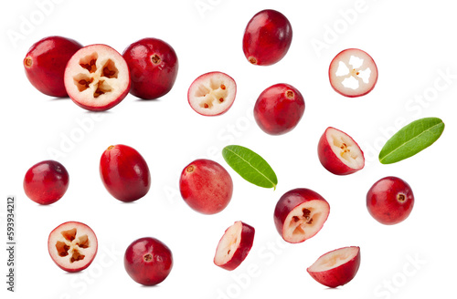 fresh cranberries collection with green leaves isolated on white background.