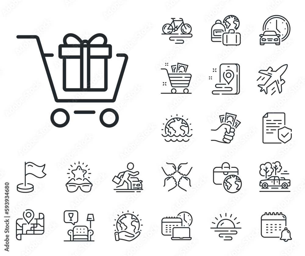 Present or Sale sign. Plane jet, travel map and baggage claim outline icons. Shopping cart with Gift box line icon. Birthday Shopping symbol. Package in Gift Wrap. Shopping cart line sign. Vector Present or Sale sign. Plane jet, travel map and baggage claim outline icons. Shopping cart with Gift box line icon. Birthday Shopping symbol. Package in Gift Wrap. Shopping cart line sign. Vector