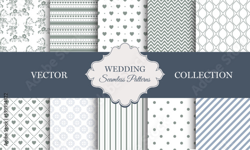 Collection of Wedding Seamless Patterns. Vector set of anniversary graphics. Ornament and decorative background for gift cards, invitations and print projects. Romance vibes. 