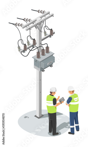 Transformer Maintenance of voltage Factory Electric Energy Distribution Chain work at height repair of power lines Engineer talking worker isometric isolated symbols concept vector