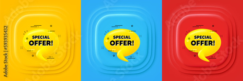 Special offer 3d bubble banner. Neumorphic offer banner, flyer or poster. Realistic yellow chat message. Offer tag icon. Special offer promo event banner. 3d square buttons. Vector