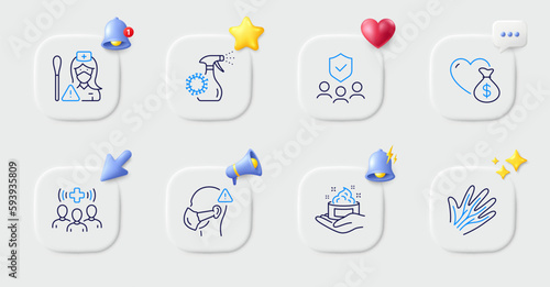 People insurance, Veins and Medical staff line icons. Buttons with 3d bell, chat speech, cursor. Pack of Nurse, Donation, Skin care icon. Medical mask, Coronavirus spray pictogram. Vector