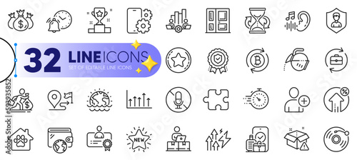 Outline set of Timer, Teamwork chart and Loan percent line icons for web with Disaster, Puzzle, Growth chart thin icon. Loyalty star, Wallet, Vinyl record pictogram icon. Winner cup. Vector