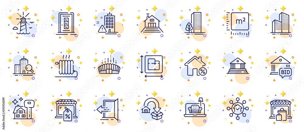 Outline set of Square meter, Lighthouse and Market sale line icons for web app. Include Inspect, Buildings, Loan house pictogram icons. Market, Terrace, Arena stadium signs. Vector Outline set of Square meter, Lighthouse and Market sale line icons for web app. Include Inspect, Buildings, Loan house pictogram icons. Market, Terrace, Arena stadium signs. Vector