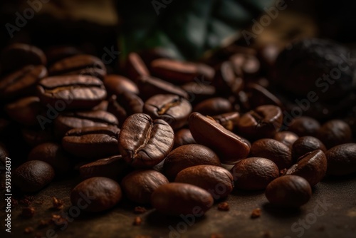 Roasted coffee beans closeup on dark background. AI Generated.