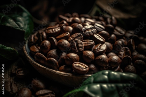 Roasted coffee beans closeup on dark background. AI Generated.