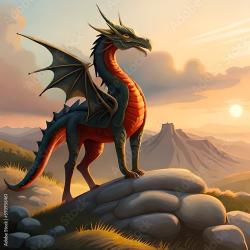 illustration of a fire dragon standing on a rock © dion