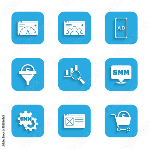 Set Magnifying glass and analysis, Browser window, Shopping cart dollar, Social media marketing, Lead management, Advertising and Website statistic icon. Vector