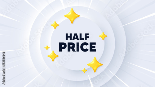 Half Price tag. Neumorphic banner with sunburst. Special offer Sale sign. Advertising Discounts symbol. Half price message. Banner with 3d stars. Circular neumorphic template. Vector