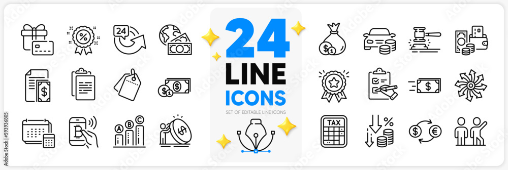 Icons set of Inflation, Money transfer and Currency exchange line icons pack for app with Payment, Sale tags, Cash thin outline icon. Dollar money, Deflation, Gift card pictogram. Vector