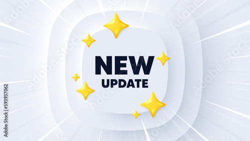New update icon. Neumorphic banner with sunburst. Special offer sign. Important information available symbol. New update message. Banner with 3d stars. Circular neumorphic template. Vector