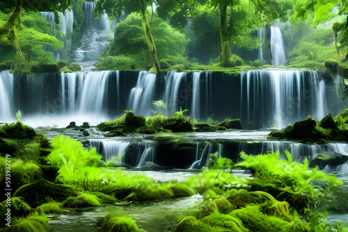 river running through a lush green forest, a matte painting, beautiful waterfalls, beautiful image, Generative AI © Evgenii