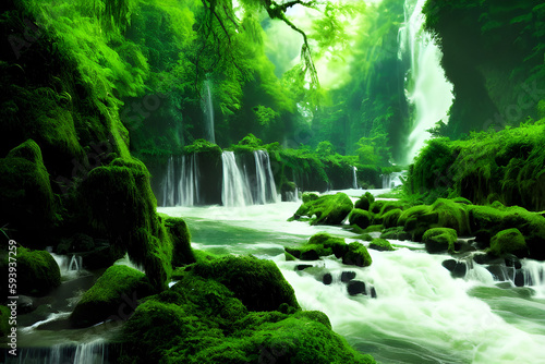 river running through a lush green forest  a matte painting  beautiful waterfalls  beautiful image  Generative AI