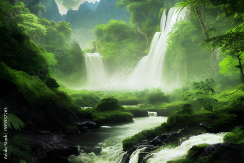 river running through a lush green forest  a matte painting  beautiful waterfalls  beautiful image  Generative AI