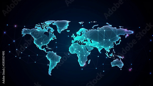 Neon World Map with Connected Network Lines - Modern Graphic Design for Business and Technology