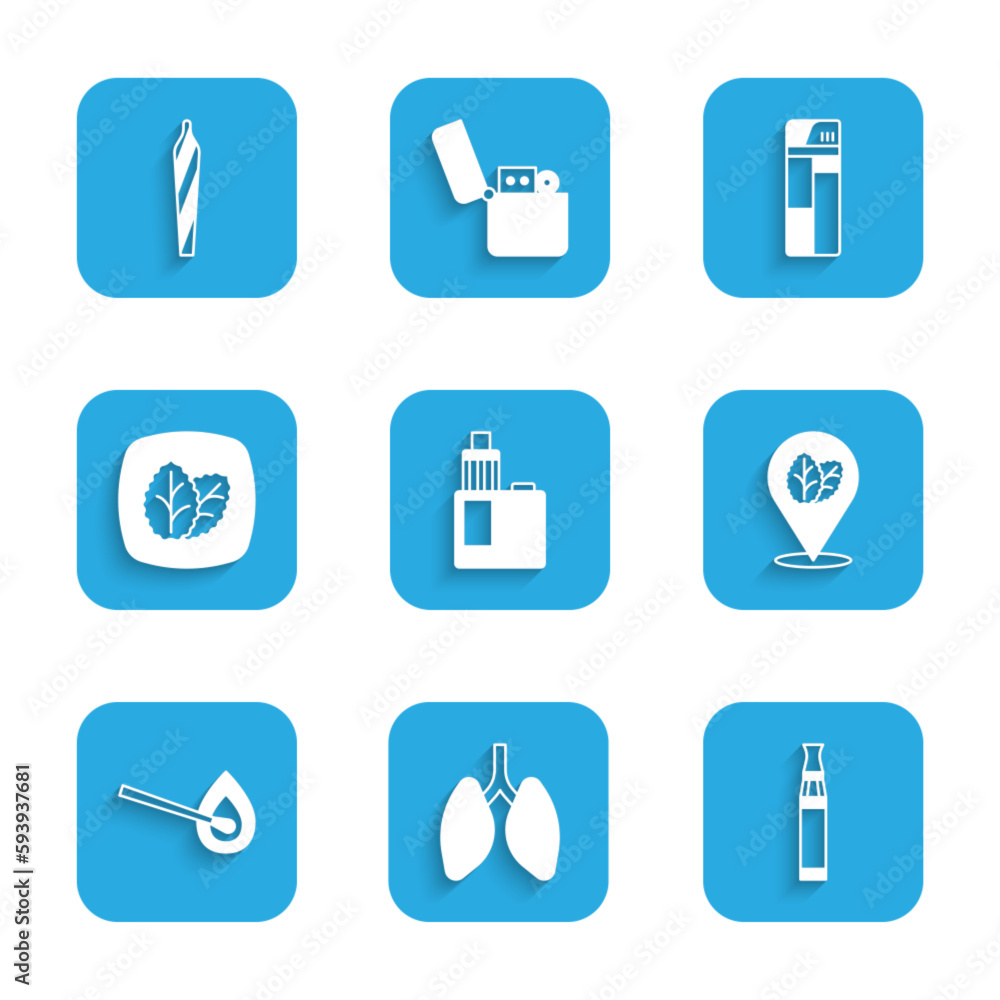Set Vape mod device, Lungs, Electronic cigarette, Tobacco leaf, Burning match with fire, Lighter and Marijuana joint, spliff icon. Vector Set Vape mod device, Lungs, Electronic cigarette, Tobacco leaf, Burning match with fire, Lighter and Marijuana joint, spliff icon. Vector