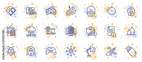 Outline set of Online shopping, Work home and Chemistry lab line icons for web app. Include Manual, Rise price, Web3 pictogram icons. Car leasing, Software bug, Engineering team signs. Vector