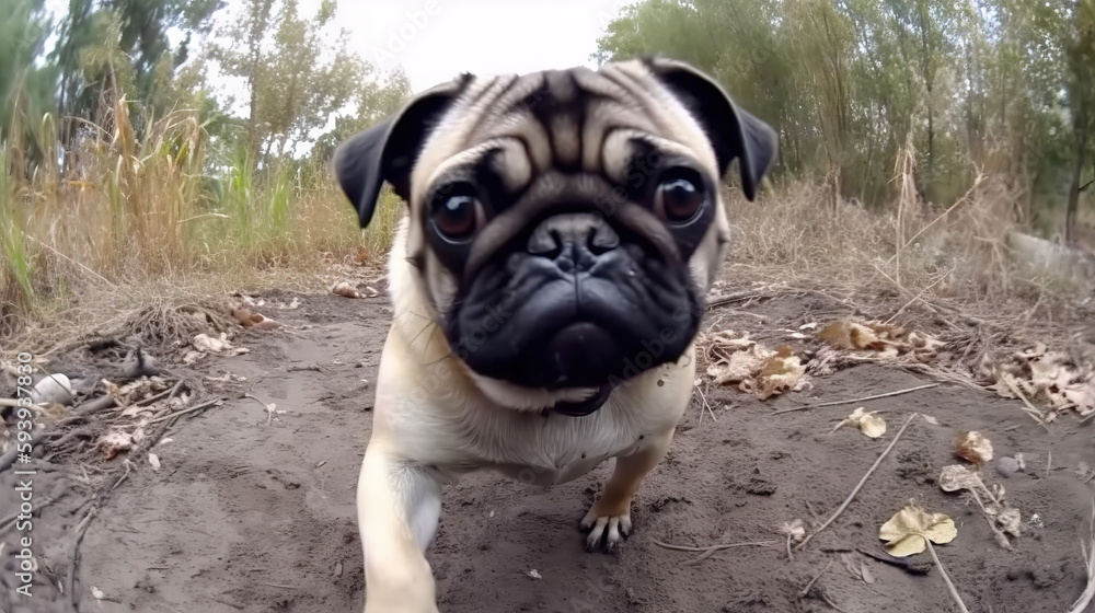 closeup pug funny running to you shot on go pro in nature