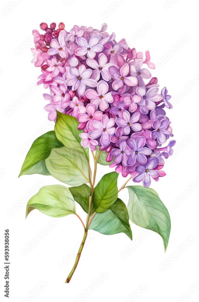 Watercolor illustration of a beautiful lilac branch isolated on white background. Branch of lilac with purple flowers and green leaves. Generative AI. Watercolor illustration of a beautiful lilac branch isolated on white background. Branch of lilac with purple flowers and green leaves. Generative AI.