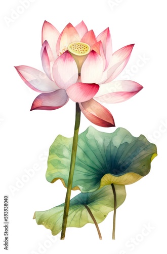 Watercolor illustration of a lotus flower isolated on white background. Generative AI.