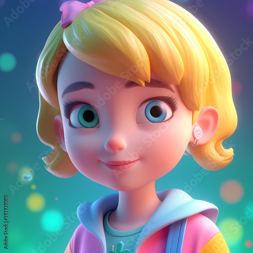 Portrait of a cute little girl in cartoon style illustration. Generative AI. photo