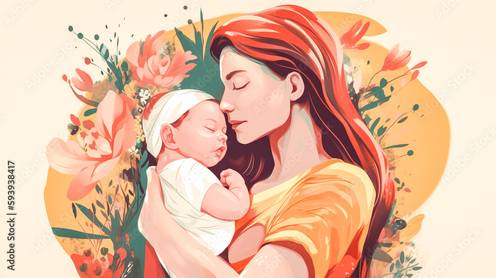 A young mother with a small child among the flowers, generative AI. A young mother with a small child among the flowers, generative AI.