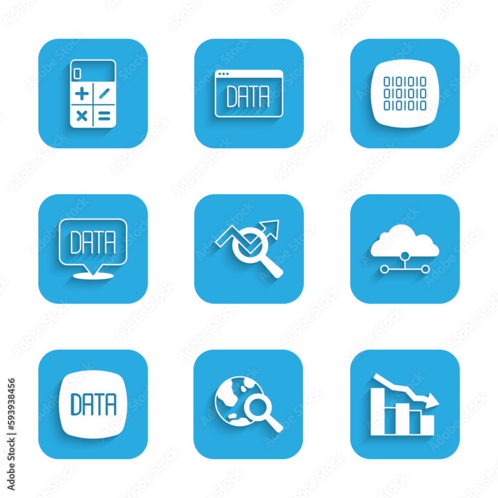 Set Search data analysis, globe, Financial growth decrease, Network cloud connection, Data, Binary code and Calculator icon. Vector Set Search data analysis, globe, Financial growth decrease, Network cloud connection, Data, Binary code and Calculator icon. Vector