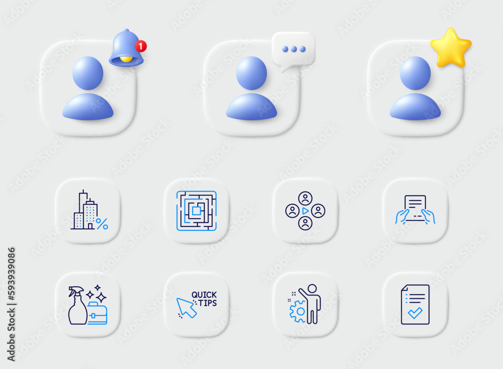Approved checklist, Video conference and Receive file line icons. Placeholder with 3d star, reminder bell, chat. Pack of Quick tips, Mortgage, Maze icon. Cleanser spray, Employee pictogram. Vector Approved checklist, Video conference and Receive file line icons. Placeholder with 3d star, reminder bell, chat. Pack of Quick tips, Mortgage, Maze icon. Cleanser spray, Employee pictogram. Vector