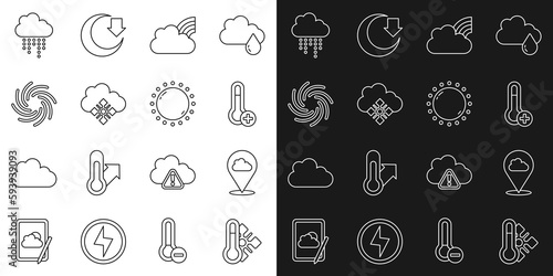 Set line Meteorology thermometer, Location cloud, Rainbow with clouds, Cloud snow, Tornado, rain and Sun icon. Vector
