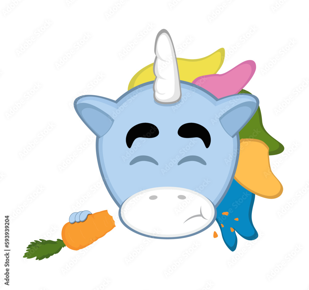 Naklejka premium vector illustration face of a cartoon unicorn eating a carrot