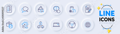 Refrigerator app, Lock and Globe line icons for web app. Pack of Sleep, Laptop, Global business pictogram icons. Question button, Speech bubble, Interview signs. Uv protection, Article. Vector