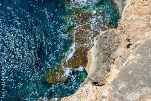 Arial view of high cliffs on the coast of Mallorca, Spain