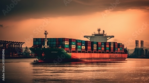 Container ship on the background of the sea, transporting colorful containers. ai generated 