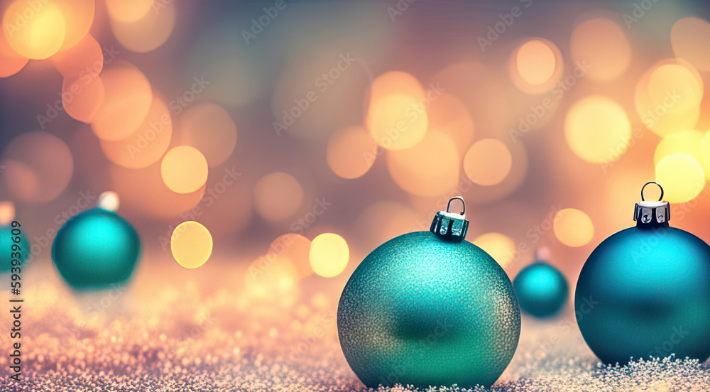 Fototapeta premium Christmas baubles in blue with sparkly bokeh lights and copy space. Christmas card background generative ai illustration