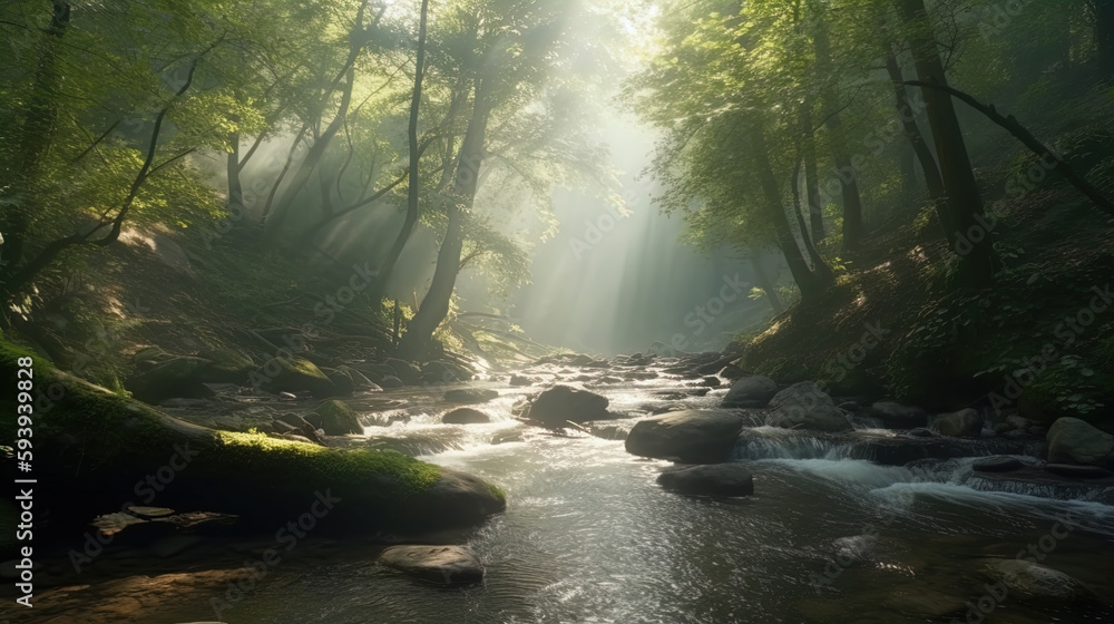 rocky stream in a forest with light rays pearcing through the leaves