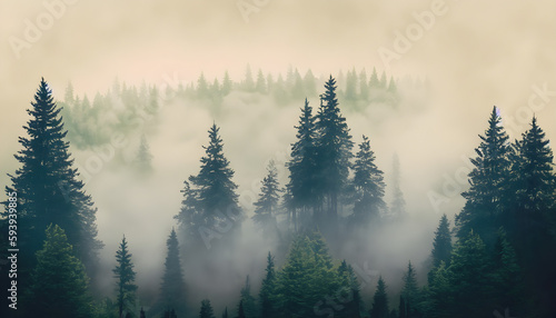 Misty landscape with fir forest in hipster vintage retro style  Ai generated 