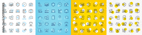 Vector icons set of Furniture  Brand and Medical shield line icons pack for web with Mortgage  Work home  Loyalty points outline icon. Fake internet  Privacy policy  Search files pictogram. Vector