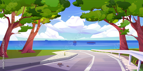 Road leading to sea on sunny day. Vector cartoon illustration of summer seascape with boats, ships on water surface, blue sky with white clouds, green lawn, trees. Travel on vacation, family weekend