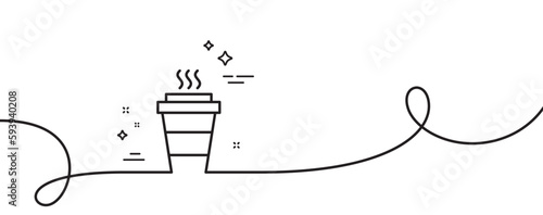 Takeaway Coffee cup line icon. Continuous one line with curl. Hot drink sign. Takeout symbol. Takeaway single outline ribbon. Loop curve pattern. Vector