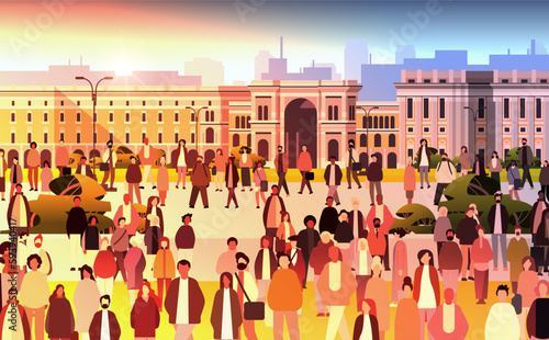 multiethnic people group standing near governmental building mix race men women crowd walking outdoor