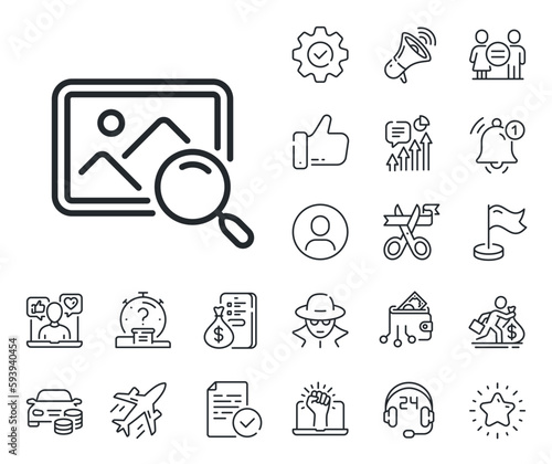 Find image or picture sign. Salaryman, gender equality and alert bell outline icons. Search photo line icon. Search photo line sign. Spy or profile placeholder icon. Online support, strike. Vector