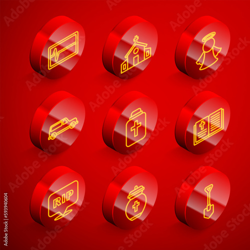 Set line Beat dead in monitor, Church building, Angel, Hearse car, Funeral urn, Holy bible book, Speech bubble rip death and icon. Vector