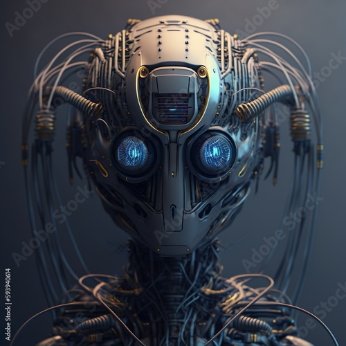 a futuristic robot with blue eyes and wires as hair. AI generated