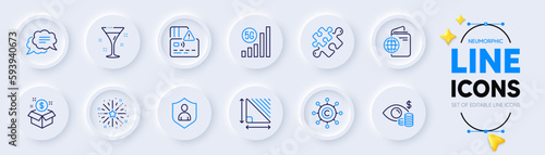 Travel passport, Business vision and Puzzle line icons for web app. Pack of 5g wifi, Card, Triangle area pictogram icons. Text message, Cocktail, Security signs. Copywriting network. Vector