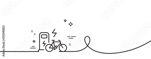 Electric bike line icon. Continuous one line with curl. Motorized bicycle transport sign. Charge ebike symbol. Electric bike single outline ribbon. Loop curve pattern. Vector