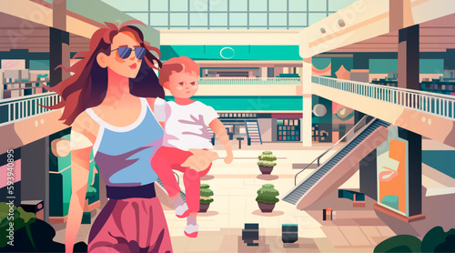 young mother with little son in modern retail store with many shops shopping mall interior horizontal